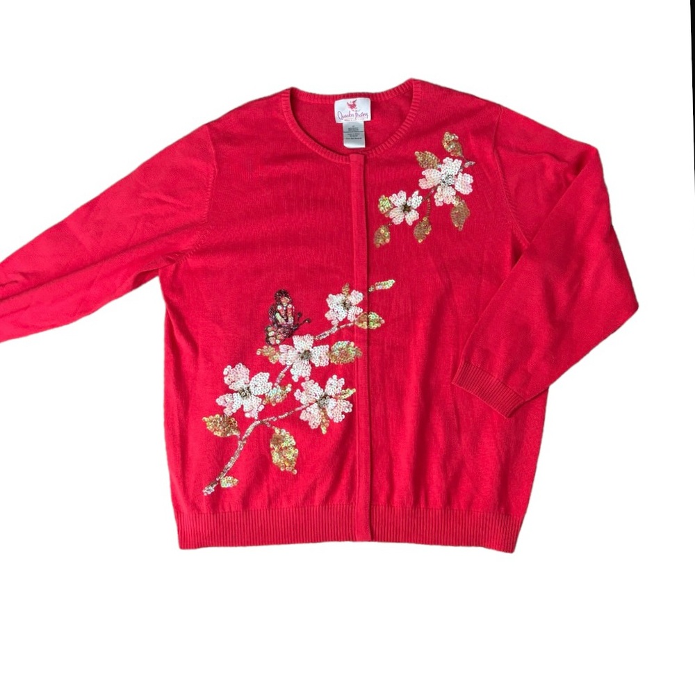Quacker Factory Cardigan Size 1X Coral Sequin Embellished Sweater Jewel Zipper